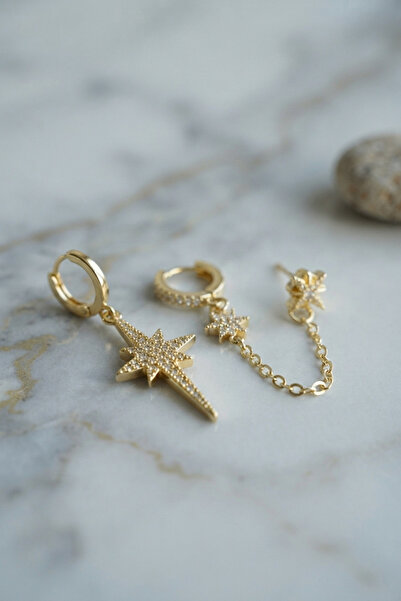 evimdeyokyok Set of 3 Earrings Gold Color with Chain Detail Tj-Bkp11954