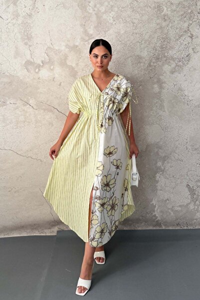 Elbee Fashion Woman Φόρεμα με κίτρινες ρίγες και φλοράλ σχέδια