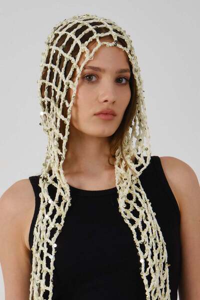 C&City Sequin Detailed Wide Hole Summer Knitted Beanie Y8251 Cream
