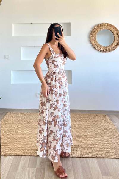 butikhola Brown Floral Patterned U-Neck Dress