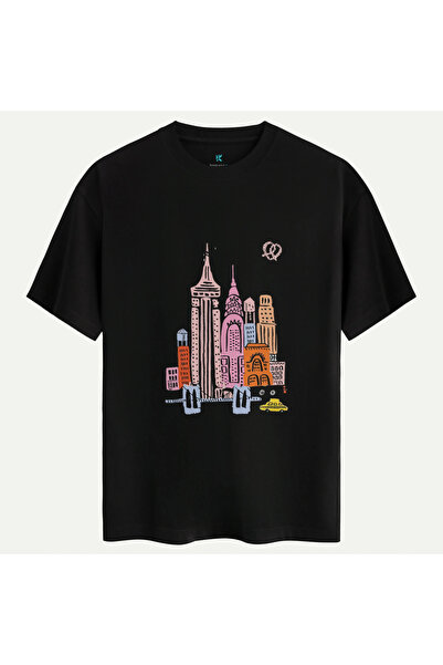 Oversize %100 Pamuk Unisex New York City Baskılı Tişört - Siyah