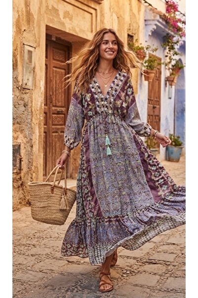 moda gk Boncuk/Nakış Detaylı Parlak Desenli Bohem Pamuk/İpek Elbise