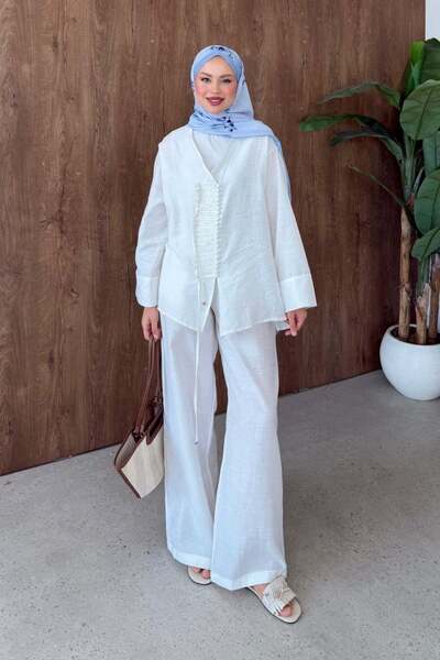 Hazamoda Güneş Linen Button Detail Suit White