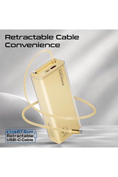 Promate Lucid-45W 20000mAh Power Bank with Retractable USB-C Cable (Gold) | Charges 3 Devices, LED Battery Display, QC 3.0 USB-A Output, Built-in Lanyard for iPhone, Galaxy, iPad & more
