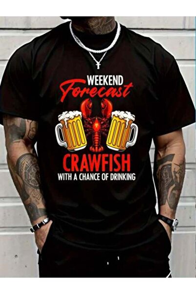 23ERVA تي شيرت قطني 100% بأكمام قصيرة بتصميم Weekend Forecast Crawfish Drinki...
