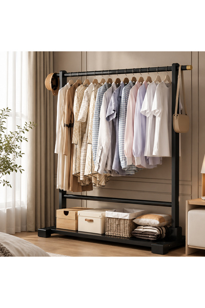 NKX Modern Black Wooden Coat Rack with Side Hook & Thick Hanging Rod Freestan...