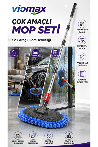 Viomax Çok Amaçlı Mikrofiber Mop Seti | Ev, Araç ve Cam Temizleme Fırçası