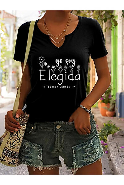 Deocept Tricou confortabil pentru femei, cu imprimeu Elegida, cu decolteu în ...