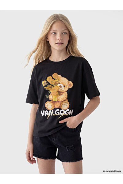 LC Waikiki Trendlucky Van Gogh Printed Oval Collar Girl's T-Shirt with Differ...