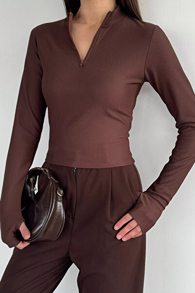 Aryena Brown Women's Front Half-Zip Self-Line Patterned Blouse