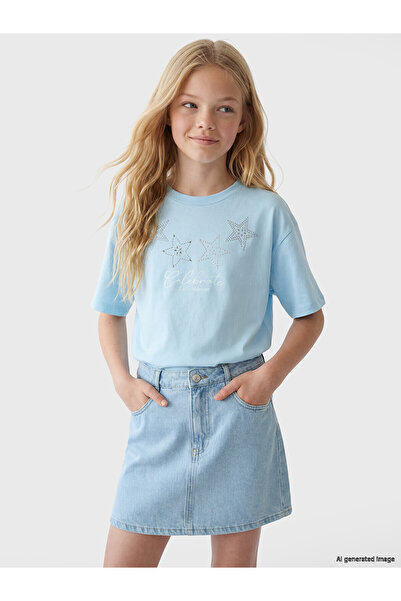 LC Waikiki Trendlucky Girls' T-Shirt with Oval Collar and Stone Print