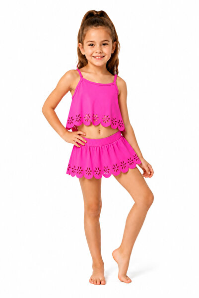 caddekids Kız Çocuk Fuşya Lazer Kesim Etekli Bikini Takımı Askılı Çiçek Desen...