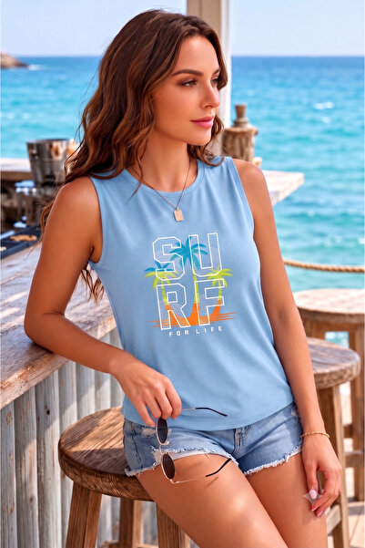BW Bravely Wear تي شيرت نسائي بدون أكمام مطبوع عليه SURF FOR LIFE (بدون أكتاف)