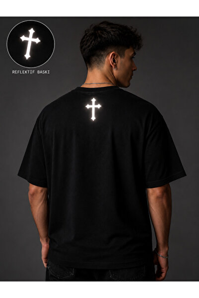 Reflektör Baskılı Unisex Oversize Haç Sembolü Tişört