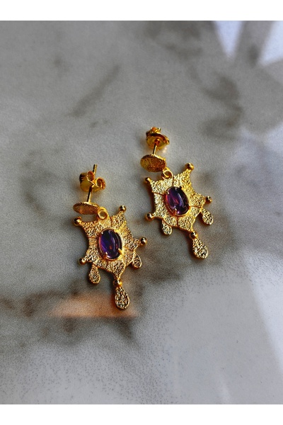 Miltonia 925 Ayar Gümüş Ametist Taşlı Dokulu Otantik Sallantılı Kadın Küpe