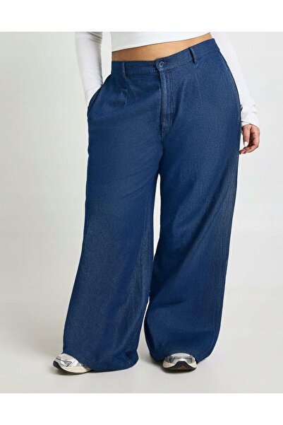 NO BRAND Pantaloni Boohoo albastru închis, lungi, cu picior larg și talie ela...