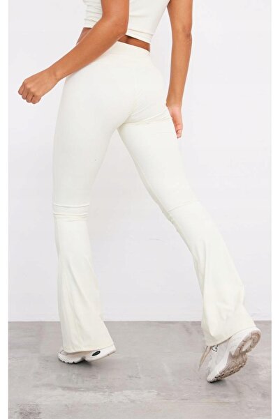 NO BRAND Pantaloni crem, din material elastic, evazați, lungi, Prettylittleth...