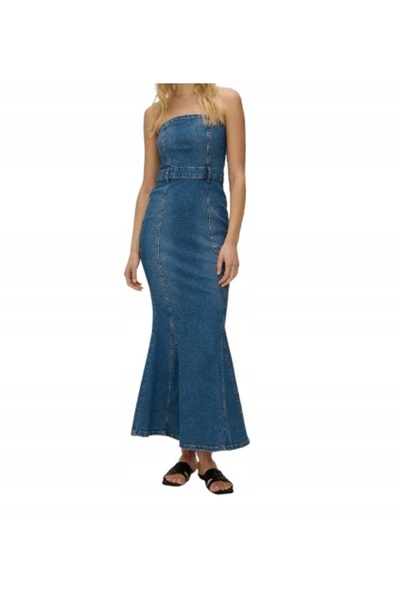 NO BRAND Rochie maxi din blugi de bumbac albastru, stil sirenă, mărimea S.