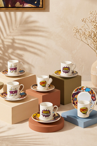 Kitchen Life 12 Parça 6 Kişilik Porselen Pop Art Kahve Fincan Takımı 100ml