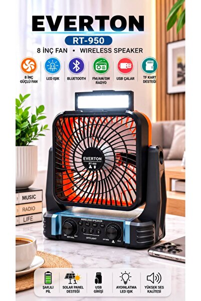 m memita RT-950 Şarjlı 8 İnç Fan Bluetooth Hoparlör FM/AM/SW Radyo Solar Pane...