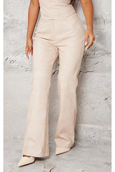 NO BRAND Pantaloni bej din piele ecologică, croială dreaptă lungă, cu fermoar...