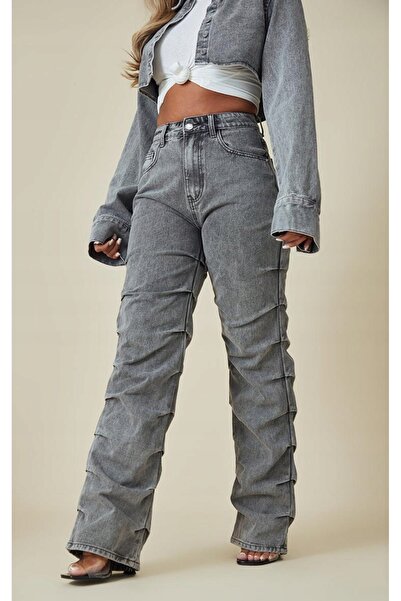 NO BRAND Pantaloni din denim clasici, lungi, încrețiți, Prettylittlething, 44