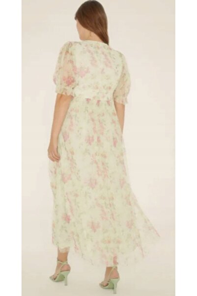 NO BRAND Rochie midi din tul verde cu design floral, mâneci scurte, Oasis 46