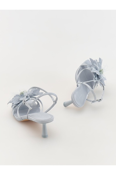 NO BRAND Sandale clasice cu toc, albastre, cu decorațiuni florale 3D, mărimea 36
