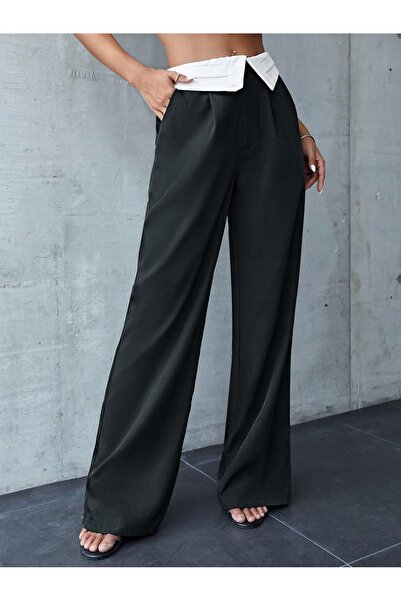 NO BRAND Pantaloni Shein simpli, lungi, largi, negru-alb, 40/42