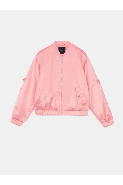 NO BRAND Jachetă bomber roz, guler înalt, buzunare, manșete, închidere cu fer...