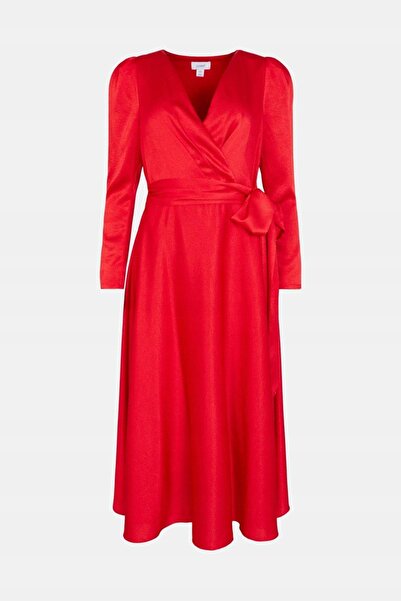 NO BRAND Rochie roșie texturată cu imperfecțiuni, cu mânecă lungă, cu curea, ...