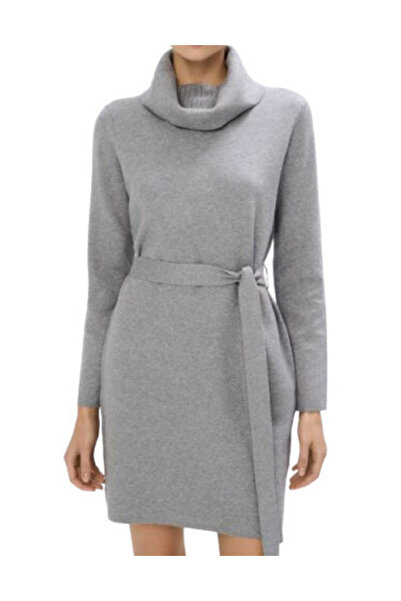 NO BRAND Rochie mini tricotată gri, cu mânecă lungă, stil golf, cu curea uni,...