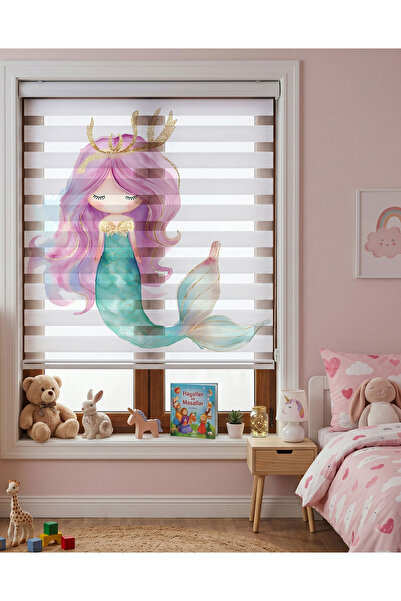 AD Home Pembe Saçlı Sevimli Deniz Kızı Dijital Baskılı Zebra Perde