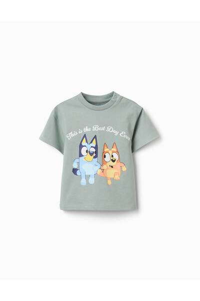 Ziddy Cotton T-Shirt With Bluey And Bingo Print For Babies And Children, Green