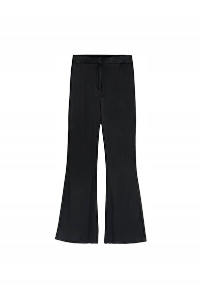 NO BRAND Pantaloni din satin neted, negri, evazați, cu talie înaltă, Reserve m