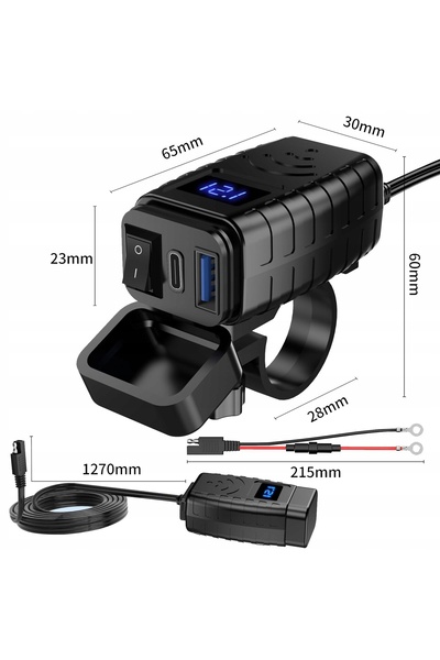 NO BRAND Încărcător de motocicletă cu voltmetru USB + USB-C Tip C QC 3.0