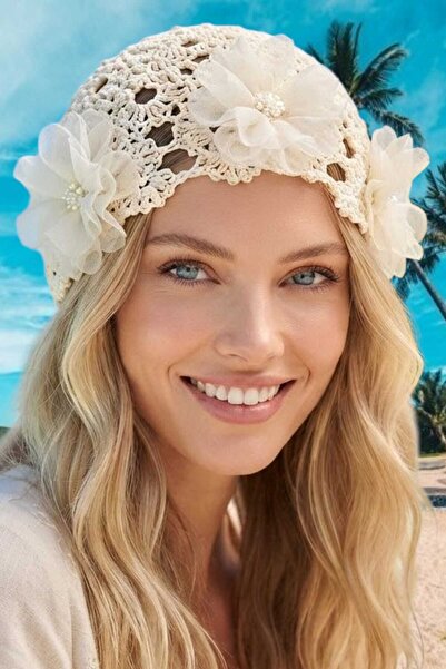 Mood Agenda Women's Floral Patterned Knitted Beanie Mesh Textured Bohemian Be...