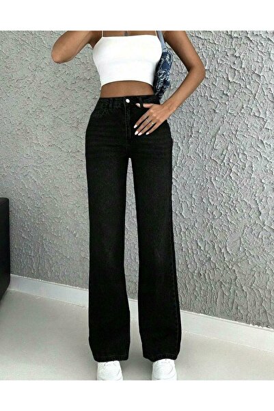 NO BRAND Pantaloni din denim negri simpli cu talie înaltă, din bumbac, cu fer...