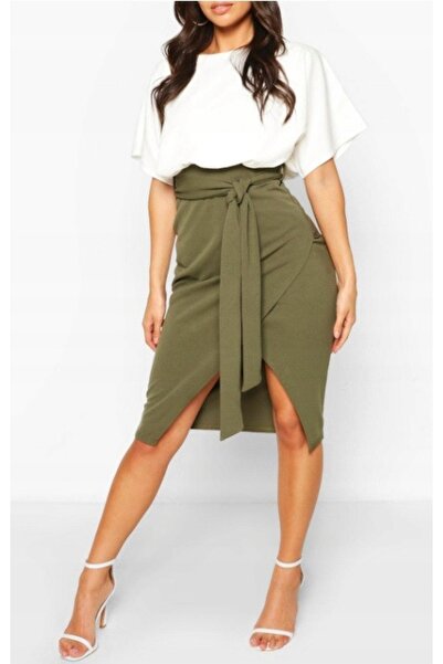 NO BRAND Rochie midi tip creion cu curea, bej alb, top larg Boohoo, 36