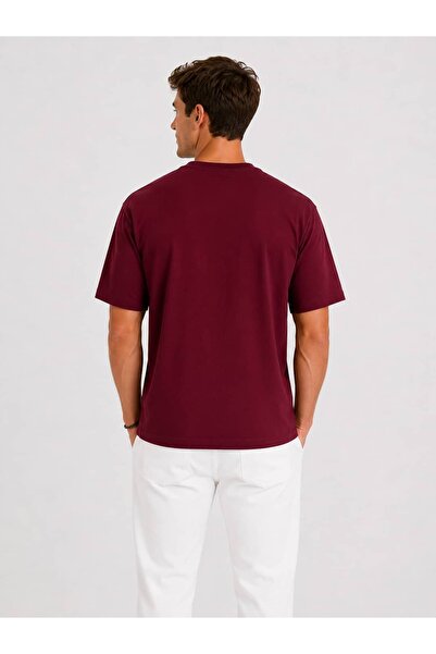 Vasto Moda Erkek Oversize Kalın Dokulu %100 Organik Pamuk Bisiklet Ribana Yakalı Bordo T-Shirt