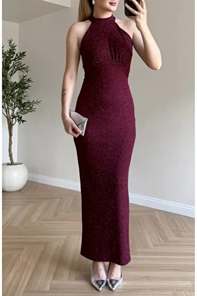 verabelle Halter Yaka Astarlı Simli Maksi Elbise