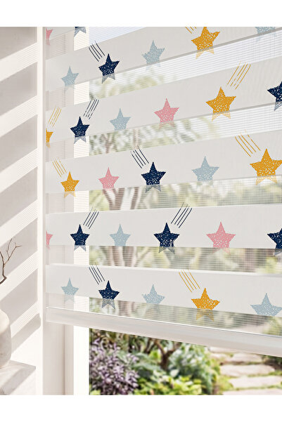 AD Home Pastel Kayan Yıldızlar Dijital Baskılı Çocuk Odası Zebra Perde