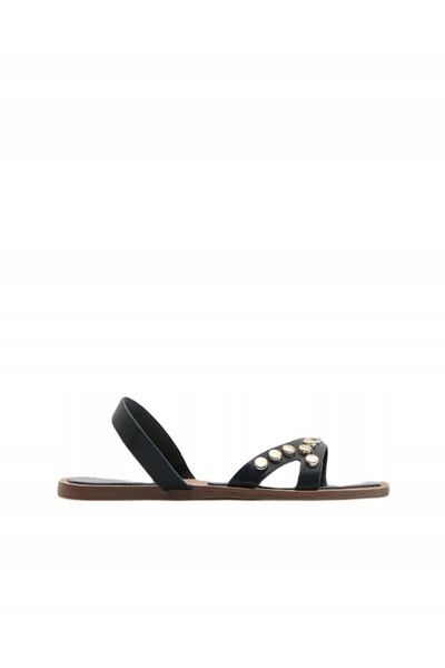 NO BRAND Sandale negre din piele, decorate cu pietre, tip slip-on, plate, măr...