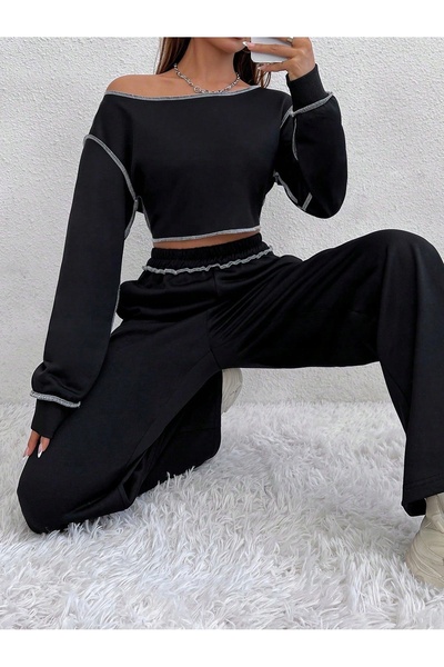 NO BRAND Set complet negru, bluză cu mânecă lungă și pantaloni de trening cu ...