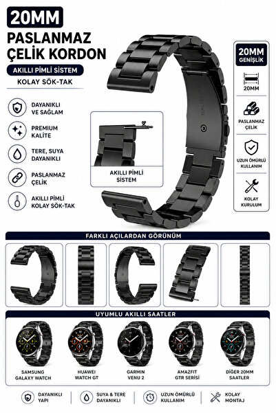 onlinekordon Honor Choice InfoWear Watch 2i Uyumlu 20mm Siyah Paslanmaz Dolu ...