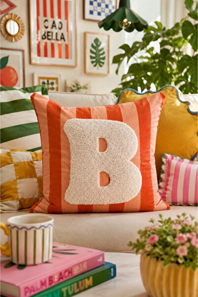 Pilloveland Punch Embroidered Throw Pillow Cover - 43*43 cm - Orange Letter B...