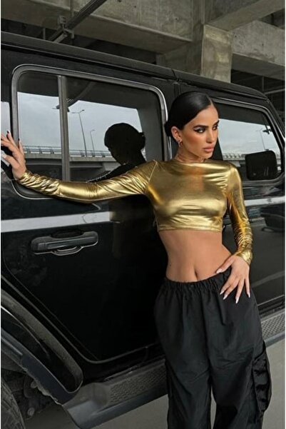 NEW JOURNAL Women's Gold Color Metallic Shiny Crop Blouse Yel221386