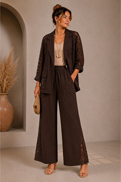 günay boutıque Ham Keten Dantel Detaylı Tasarım Ceket Pantolon Takım-KAHVERENGİ