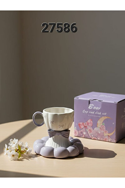 Generic طقم فناجين قهوة سيراميك بتصميم ببيونة (فيونكة) ولون أرجواني، ويشمل ال...