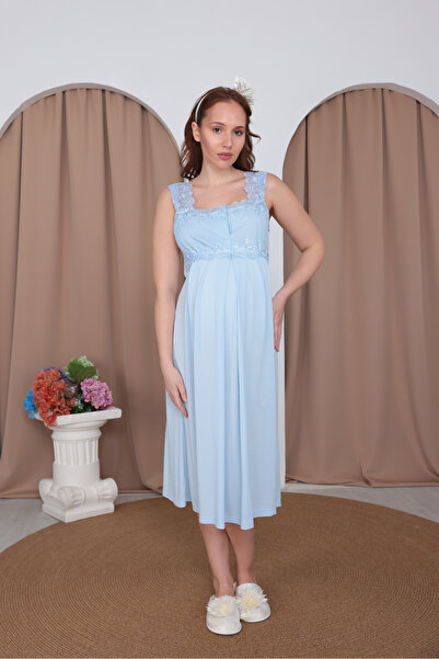 BLACKMORE Women's Blue Cotton Summer Maternity Nightgown with Lace Sleeves an...